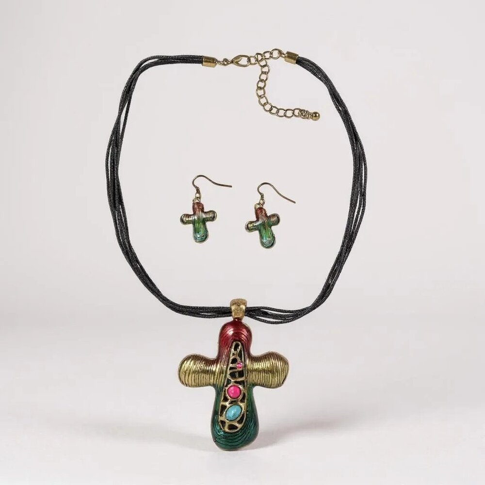 Multi Color Bead On Crodd Pendant Black Cord Necklace Earring Set